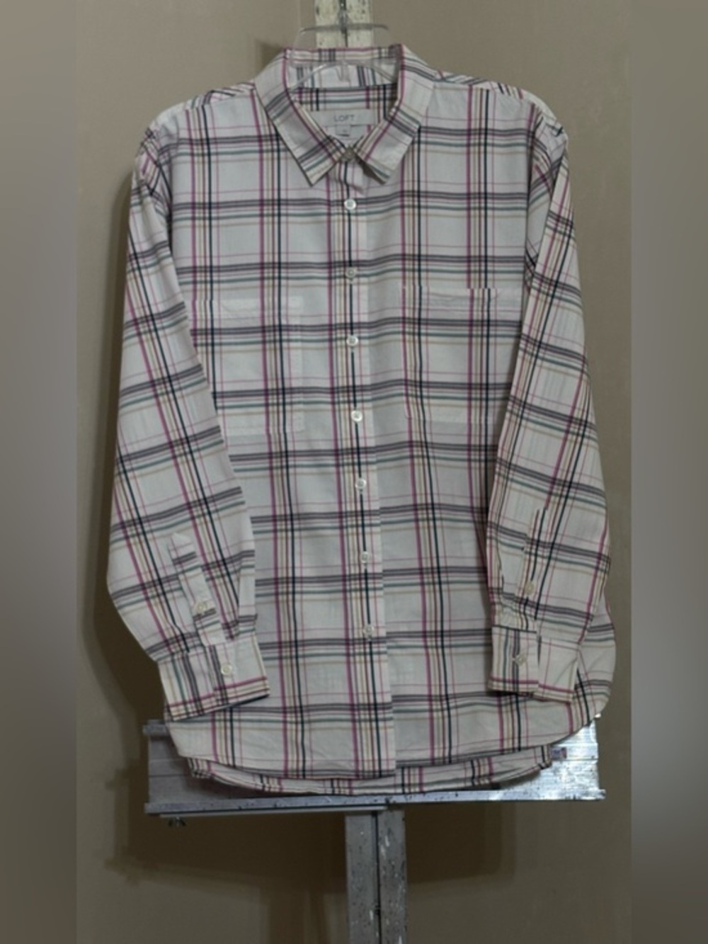 LOFT White Plaid Button-Down Shirt with Pink and Black Stripes Sz L